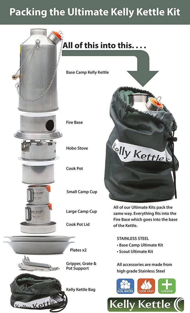 Kelly Kettle Scout Kit 41 Oz Stainless Camp Kettle W/ Stove For Fishing, Hunting, Hiking 2 Kelly Kettle Scout Kit 41 Oz Stainless Camp Kettle W/ Stove For Fishing, Hunting, Hiking