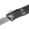 All Knife Brands Microtech 138-12 Troodon D/E F/S - Black Handle - Full Serrations - Stonewash Blade