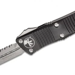 All Knife Brands Microtech 138-12 Troodon D/E F/S - Black Handle - Full Serrations - Stonewash Blade