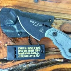TOPS KNIVES All Knife Brands TOPS Wolf Pup Black 1095 Carbon Blade Linen Micarta Handles